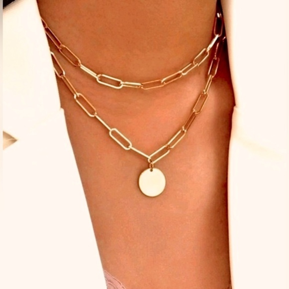 Gold Paperclip Chain Link w/Disc Necklace layered kasey